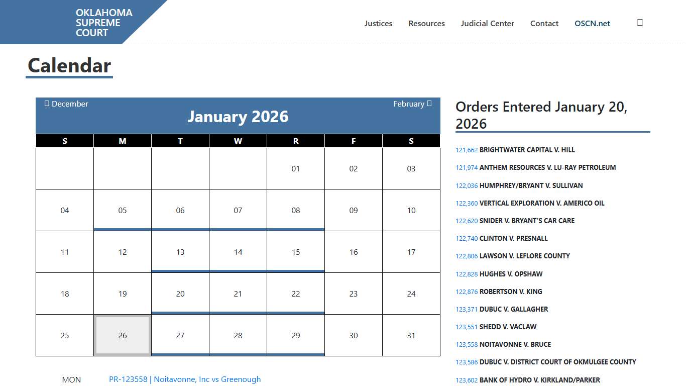 Calendar – Oklahoma Supreme Court